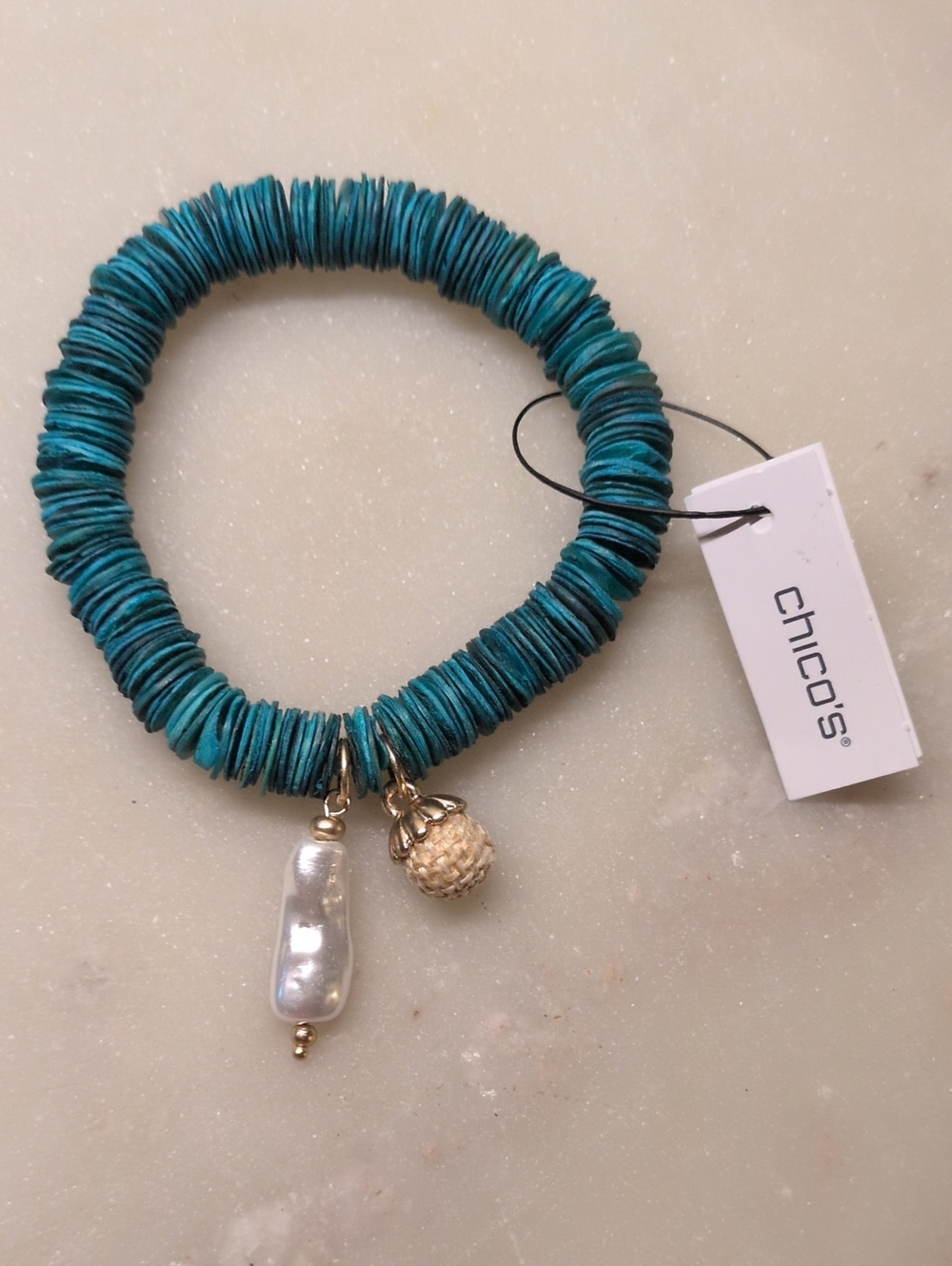 Chico's Stretch Shell Bracelet In Peacock Teal Blue With Charms